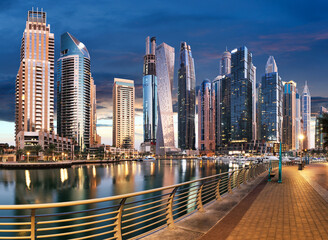 Dubai canal Marina skyline panorama at night, United Arab Emirates - obrazy, fototapety, plakaty