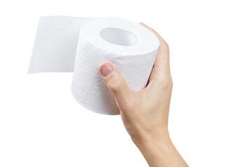 Hand holding a roll of toilet paper, cut out
