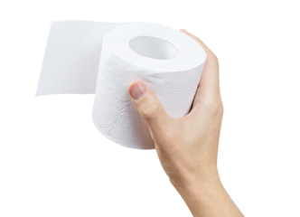 Hand holding a roll of toilet paper, cut out