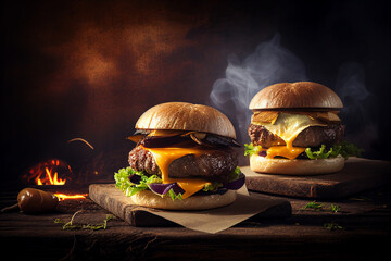 Delicious homemade burgers of beef, cheese and vegetables on wooden table smoke and fire background, image ai generate