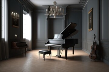 Classic black piano in the middle of empty big room, generative ai