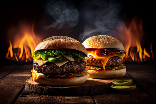 Delicious homemade burgers of beef, cheese and vegetables on wooden table smoke and fire background, image ai generate