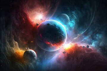 Nebula in outer space, planets and galaxy desktop background