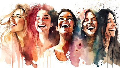Happy women group for International Women’s day , watercolor style illustration by Generative Ai	 - obrazy, fototapety, plakaty