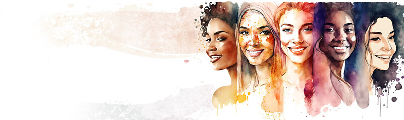 Happy women group for International Women’s day banner , watercolor style illustration by Generative Ai	 - obrazy, fototapety, plakaty