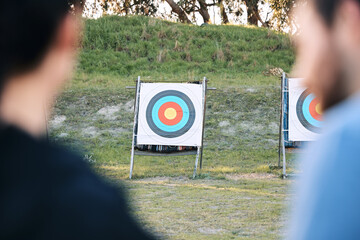 Target, archery coach or bow and arrow learning for archer competition, athlete challenge or girl...