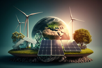 renewable energy background with green energy as wind turbines and solar panels desktop background