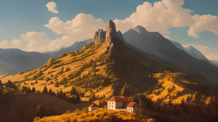 Nice landscape illustration with a building on the hills with beautiful forest and mountains at the background, generative AI