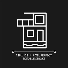 Villa pixel perfect white linear icon for dark theme. Luxury real estate. Buy expensive realty. Private residence. Thin line illustration. Isolated symbol for night mode. Editable stroke