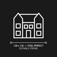 Mansion pixel perfect white linear icon for dark theme. Large dwelling house. Luxury real estate. Purchase property. Residence. Thin line illustration. Isolated symbol for night mode. Editable stroke