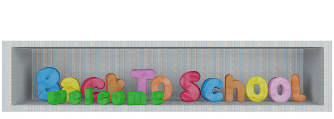 3d illustration, Welcome BACK TO SCHOOL letters banner design with colorful funny characters clay doh or plasticine texture in the fade blue wooden cabinet.
