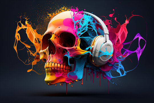 A skull adorned with headphones merges the worlds of music and art, creating a vibrant and colorful statement piece