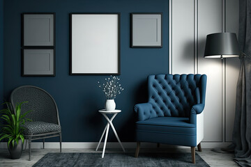 Monochrome dark blue interior room with one chair, no plant, five photo frames on the wall, poster frame mockup scene. Generative AI