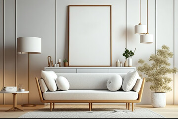 Poster mock-up featuring a minimalist living room with a white sofa and wooden furnishings against a bright beige interior background. Generative AI