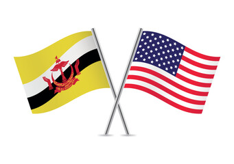 Brunei and America crossed flags. Bruneian and American flags on white background. Vector icon set. Vector illustration.