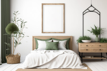 poster frame mockup in a rustic bedroom with natural wood furniture and greenery,. Generative AI
