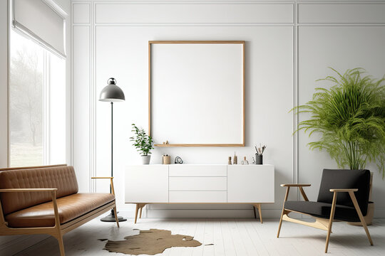 A modern waiting area with a white wall, an empty poster, and an oak sideboard. Cozy Scandinavian home design. mockup. Generative AI