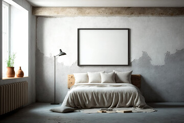 On a bedroom's concrete wall is a faux horizontal poster frame. Generative AI