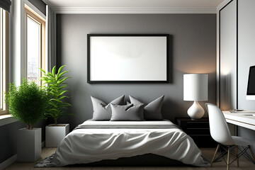 Gray walls, a double bed with two pillows, a desk with a computer, and a framed horizontal poster can be seen in this corner view of a bedroom. Generative AI