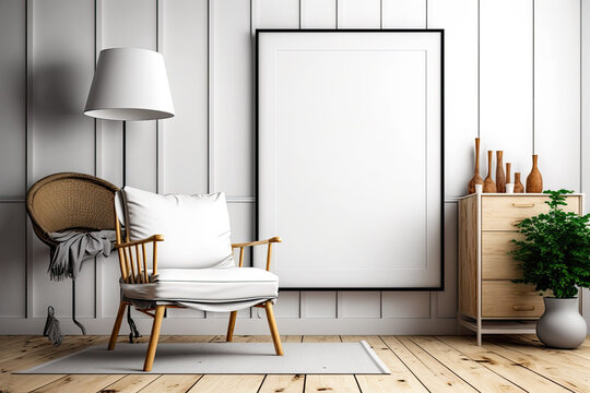 Mockup of a blank poster frame in a contemporary room interior setting with a wooden decorative panel on the wall and a wooden chair covered with a blanket. Generative AI