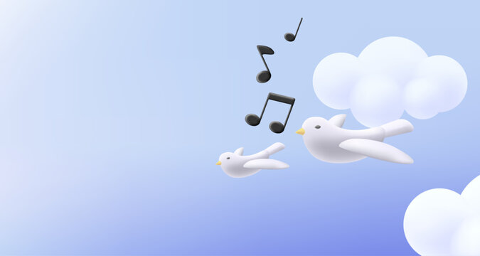 Flying white doves with music notes, singing birds in the sky, 3d illustration render graphics, background