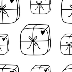 Seamless pattern Doodle gift with a bow