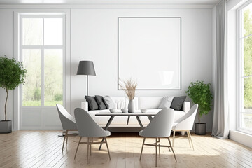 Fototapeta premium Front view of a light dining and living room with a dining table, a couch, an armchair, a white wall, a large window, and hardwood flooring. minimalistic style. a mockup. Generative AI