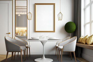 mock-up picture frame in dining room, pleasant atmosphere with nice furnishings,. Generative AI