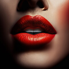 Plump female lips painted with rad lipstick. Generative AI.