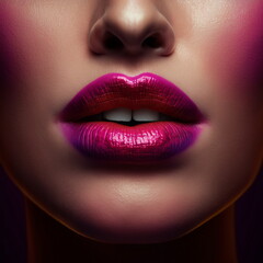 Plump female lips painted with pink lipstick. Generative AI.
