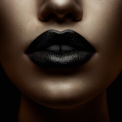  Plump female lips painted with black lipstick. Generative AI.
