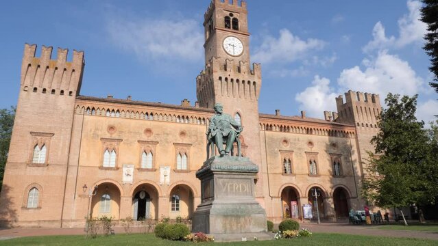 Rocca Pallavicino and the Statue of Giuseppe Verdi, Italian Composer, Parma, Italy