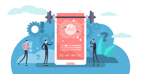 Data feeding illustration, transparent background. Flat tiny AI information sharing persons concept. Data collection for digital artificial intelligence development and growth.
