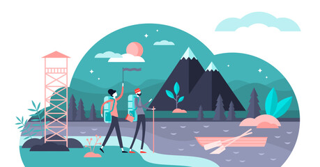 Eco tourism flat tiny persons concept, transparent background. Undisturbed natural environment wilderness tour. Wise and educational healthy outdoor hiking exploration.
