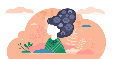 Emotions stylized art, flat tiny person illustration, transparent background. Creative emotional symbols in the female persons head =. Mental thought process activity.