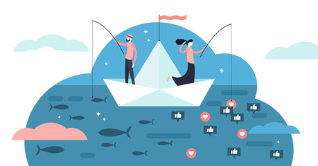Fishing illustration, transparent background. Flat social media like catch persons concept. Outdoors seafood hobby and symbolic followers marketing comparison analogy.