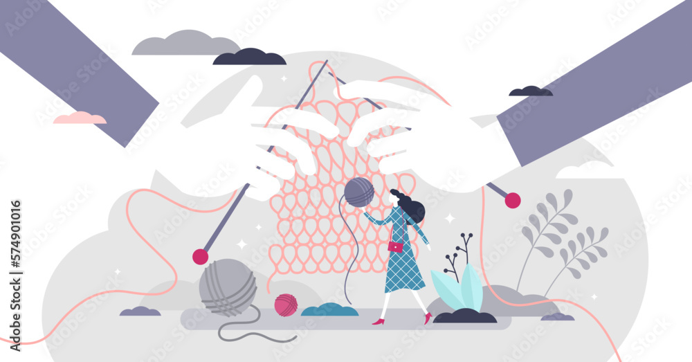 Poster knitting illustration, transparent background. handmade knit hobby flat tiny persons concept. method