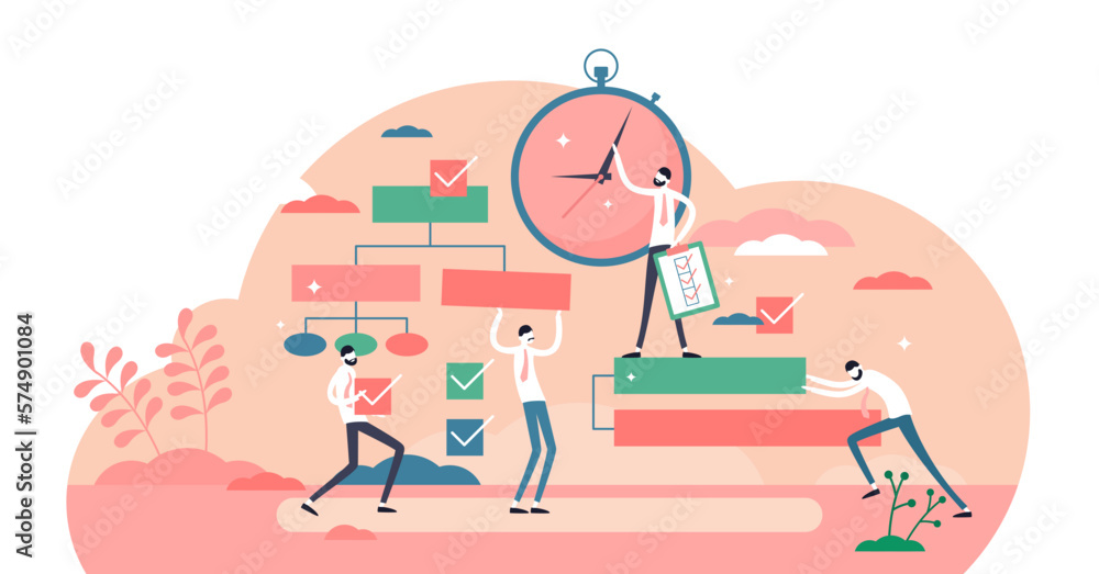 Poster project management process illustration in flat tiny persons concept, transparent background. busine
