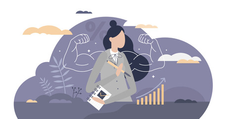 Powerful business female as company leader with confidence strength tiny person concept, transparent background. Businesswoman power with boss muscles and successful work achievements illustration.