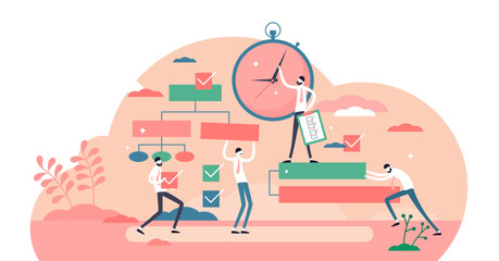 Project management process illustration in flat tiny persons concept, transparent background. Business project plan execution control to fit in deadline time and solve problems and questions.
