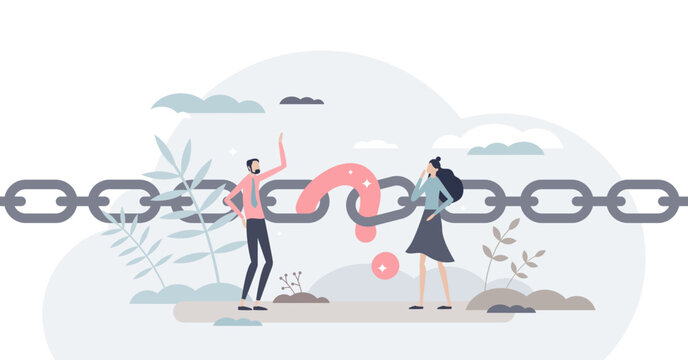 Missing link and incomplete connection for business flow tiny person concept, transparent background.Confusion about company failure or joint loss illustration.