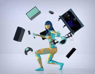 Android girl colored in cyan and gold controlling flying around hardware: computer, laptop, gaming console, drone, phone and remote