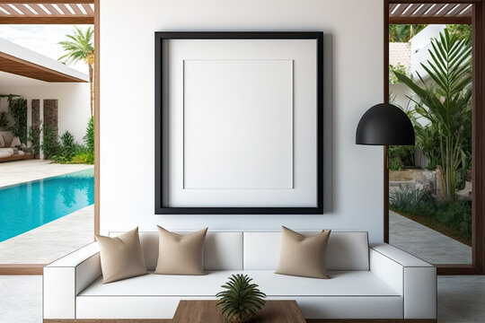 mock-up blank picture frame in a pool villa living room, interior design, with pleasant furnishings and a plant. Generative AI
