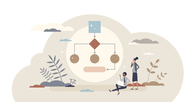 Algorithms flowchart programming and solutions model coding tiny person concept, transparent background. Machine learning optimization and information analyzing process with AI illustration.