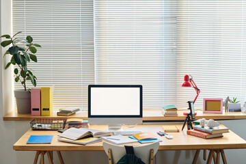 Horiontal image of workplace of teenager with computer monitor and books