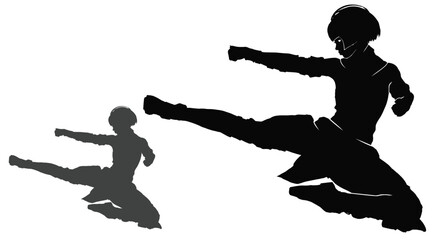 A black silhouette with a beautiful girl is a martial artist, she has a square hairstyle, he is frozen in an epic jump, she strikes a perfect kick accompanying him with a fist gesture. 2d simple art