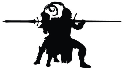 Two knight companions in thick shiny armor, wearing plumed helmets, a man and a woman stand back to back preparing for battle as a unit. 2d art