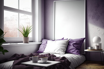 A corner of the room with a coffee table and a poster is well-lit. By a big window are a purple blanket and a white pillow. Image of a comfortable home. a mockup Toned picture. Generative AI