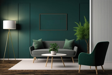 Interior room mockup with a set of furniture on a painted wall and a wooden floor. Use to showcase your product. illustration. Generative AI