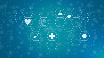 Healthcare and technology concept with icons. Minimal background for pharmaceutical industry, health care business, medicine, medical research and science.
